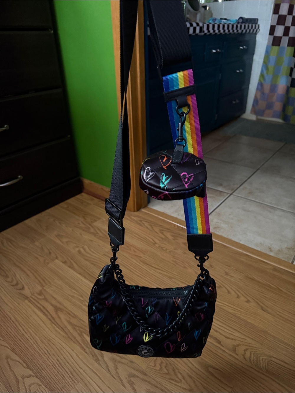 Kurt Geiger Black Quilted Shoulder Bag with Multicolor Heart Print - Picture 3 of 6